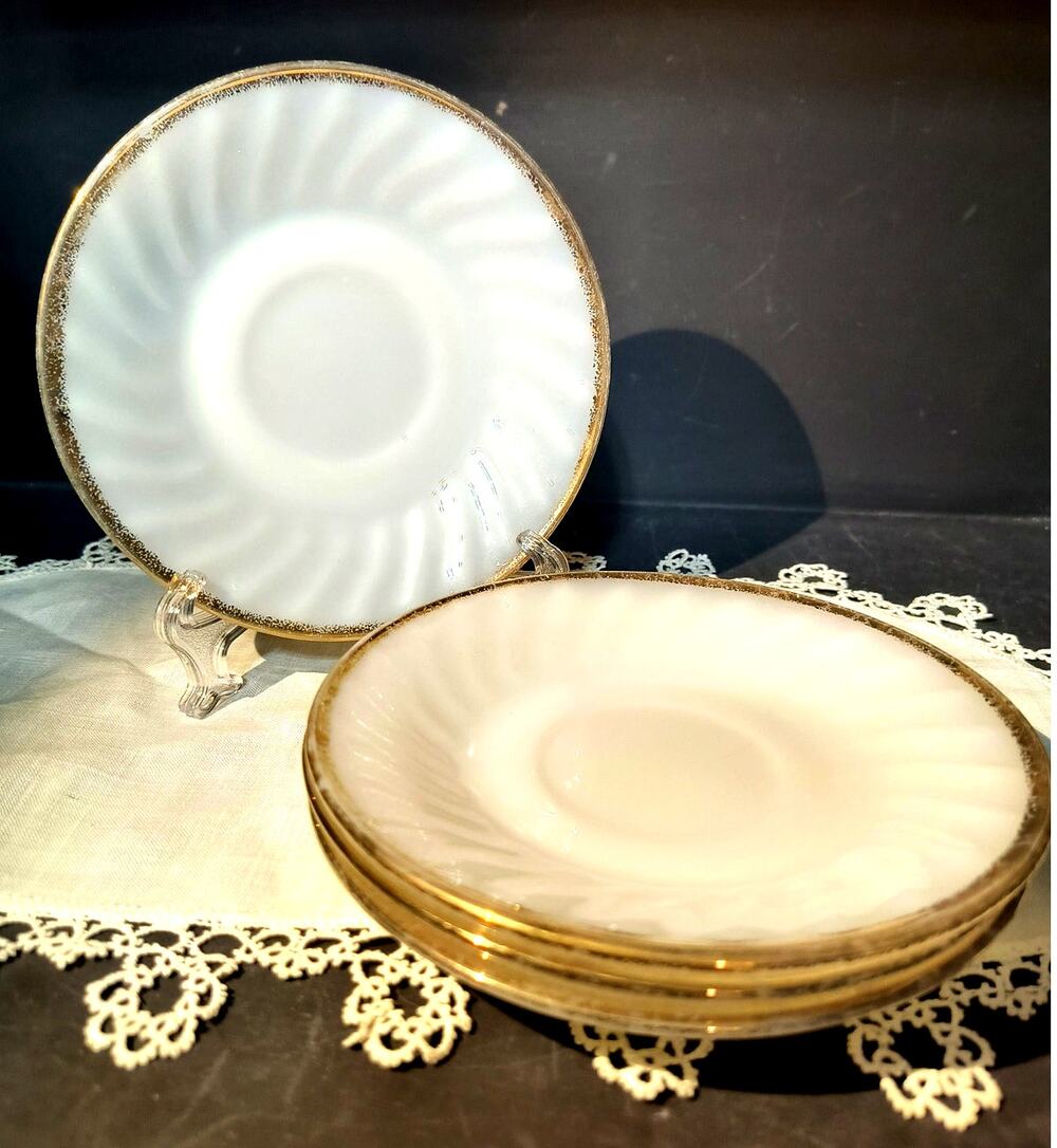 982.  Set of 4 Fire King Milk Glass Saucers Gold Trim